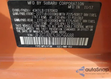 2018 Subaru Crosstrek 2.0I Premium z USA, uszkodzony, nr VIN JF2GTABC5JH256688